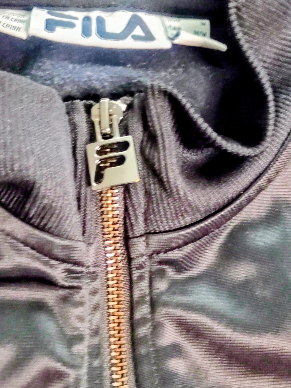 FILA Black Satin Zip-Up Jacket And Pants  Set with Bronzed Goldish zipper